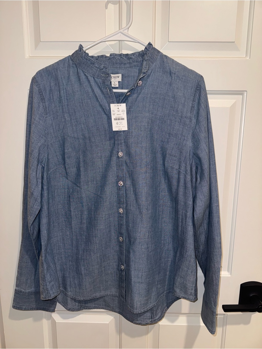 J. Crew Women's Light Blue Chambray Ruffle-Trim Rhinestone Button Down Shirt